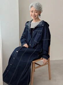 FRIFUL 女式休闲街头风格纽扣连帽直筒牛仔连衣裙