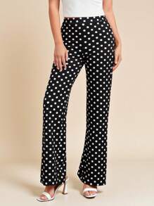 SHEIN Tall CURVE Plus Size Women's Autumn New Vintage Polka Dot Black & White Print Stretch Knit Pants, Versatile For Daily, Commuting And Multi-Occasion Wear Polka Dot Pants High Waisted Pants - Black - View 4