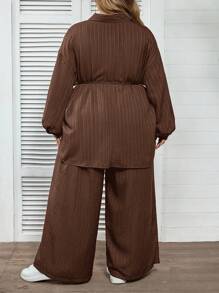 SHEIN CURVE+ 大码休闲纯色衬衫和裤子两件套