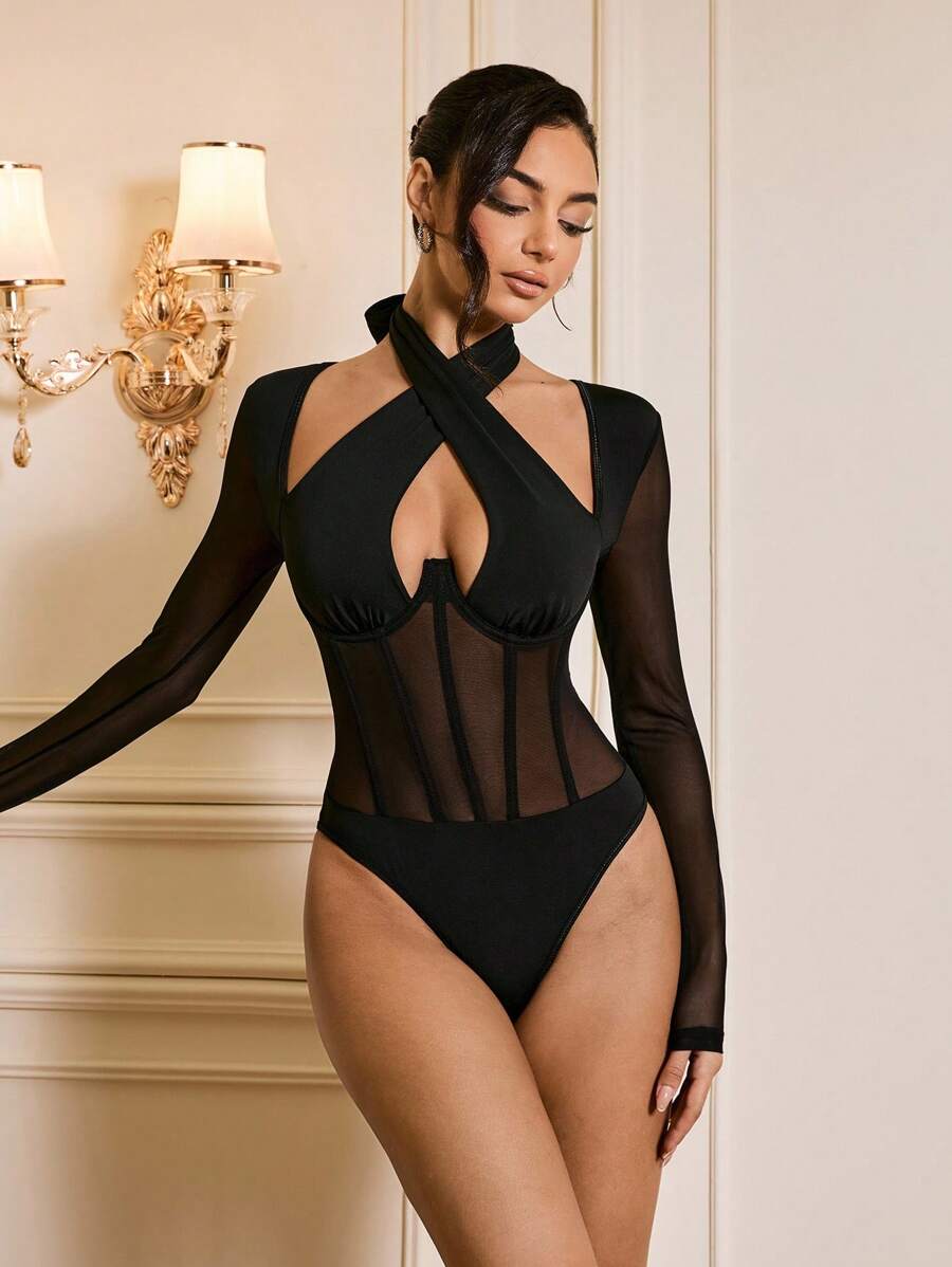 Zolique Crisscross Halter Neck Mesh Insert Bodysuit Fall Cloth For Women - Black - View 1