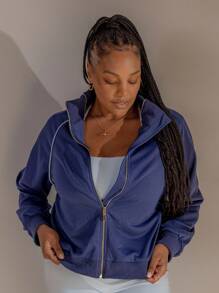 Aralina Plus Curve Leisurewear Fall Winter Y2K Stockholm Style Streetwear Zip Through Pipping Sweat Gym Top Airport Autumn - Blue - View 8