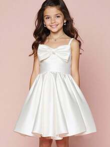 青少年女孩纯色优雅吊带背心连衣裙 - 白色 - 查看 8