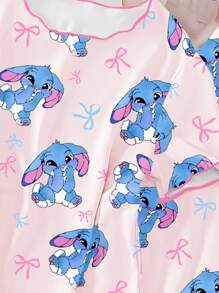 Teen Girls Pajamas Set, Minimalist Pink Base With Rabbit & Bow Print, Contrast Trim Short Sleeve Top And Long Pants, Casual Loungewear, Back To School Fashion Cute Pajama Set - Pink - View 5