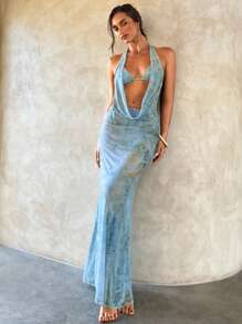 Aloruh 女士新款扎染印花雪纺波西米亚美人鱼下摆罩衫裙，优雅性感露背深垂领长裙，非常适合女士夏季海滩度假露背长裙镂空长裙海洋裙罩衫泳装泳衣罩衫女式泳衣罩衫，乡村音乐会服装 - 彩色 - 查看 3