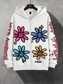 Manfinity Homme 大码男士花卉印花拉链连帽衫休闲运动衫，花卉拉链连帽衫，图形拉链衫，男士花卉连帽衫，秋冬 - 白色 - 查看 3