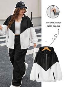 SHEIN CURVE+ Curves 大码/学校服装/返校服装/返校大码女式双色拼接连帽夹克，带口袋，女式运动服，女式慢跑服，两件套休闲套装，女式现代服装，大码运动服，女式秋季服装，女式秋季服装，冬季，CURVE PLUS - 黑與白 - 查看 1