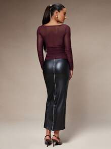 Silquee Women's Solid Color Plunging Neck Long Sleeve Fitted Fashionable Mesh Blouse See Through Top Mesh Top Top Long Sleeve Top