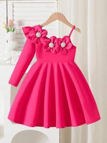 Young Girls Fuchsia Dress With 3D Beaded Floral Decor, Waist Cinched A-Line Long Sleeve Dress, Suitable For Birthday Party, Spring/Autumn