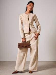 COSMINA Denim Women's Solid Color Front Button Fitted Long Sleeve Denim Blouse, Fall Women Clothes - Apricot - View 4