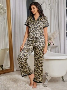 LuxeNights Women Color Block Faux Silk Leopard Print Top & Pants Pajama Set - Multicolor - View 4