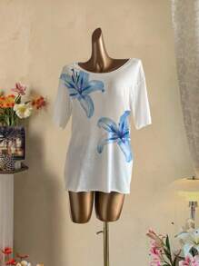 Attitoon 休闲复古风格，街头风格，度假蓝色水彩热带花卉印花，超大短袖宽松T恤，适合夏季，度假风格，Y2K