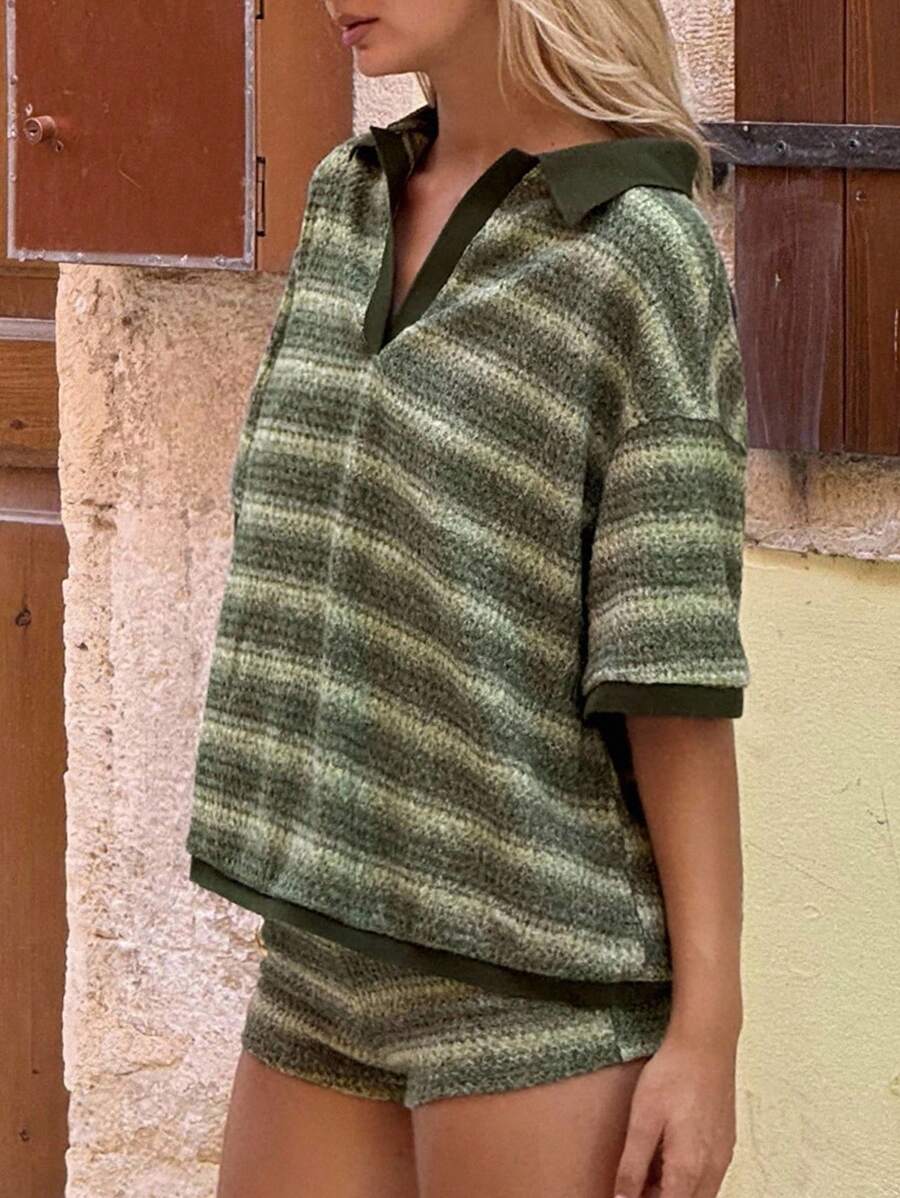 SHEIN ICON 2 件女士条纹休闲装，适合日常外出、休闲、旅行和工作装秋季女装 - 彩色 - 查看 1
