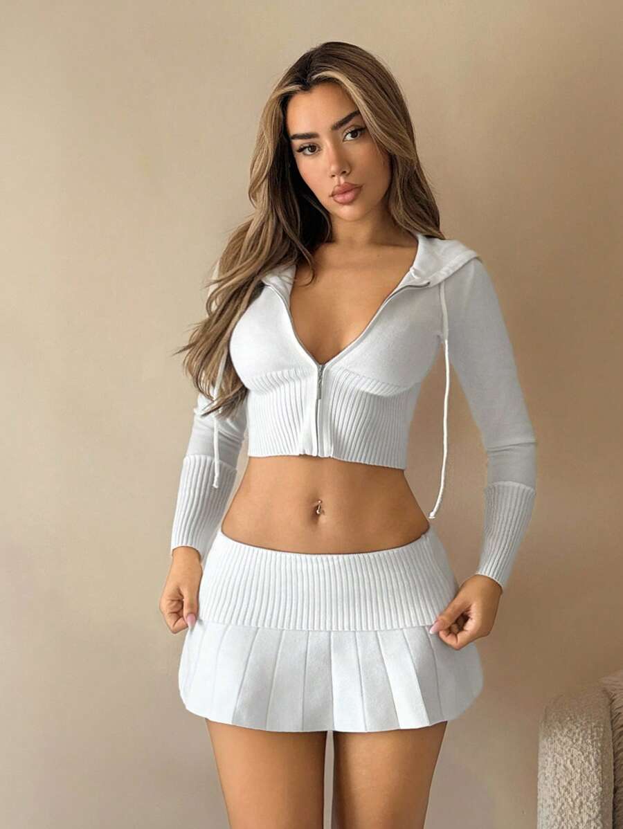 SHEIN ICON 2pcs Set: Hooded Zip-Up Cardigan & Pleated Waist Skirt Autumn Winter Clothes For Women - White - View 1