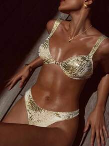 Swim SXY Set bikini sexy de vară, 2 buc., cu decor scoică, material metalic strălucitor, subțire bust