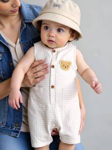 SHEIN 男婴圆领半拉链贴片可爱熊口袋连体短裤，适合通勤、休闲、度假、运动、春夏季、男婴服装、幼儿服装、婴儿服装、幼儿连体衣 - 杏色 - 查看 1