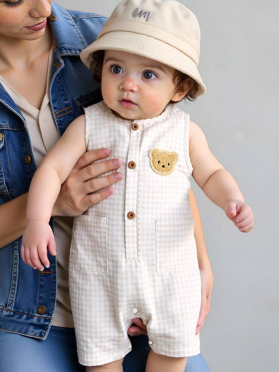 SHEIN 男婴圆领半拉链贴片可爱熊口袋连体短裤，适合通勤、休闲、度假、运动、春夏季、男婴服装、幼儿服装、婴儿服装、幼儿连体衣 - 杏色 - 查看 1