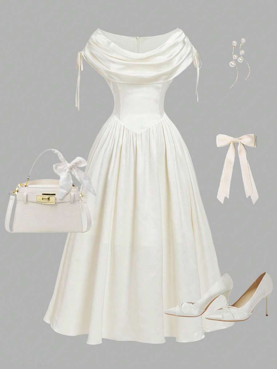 SHEIN MOD 大码女式优雅杏色 V 领高腰连衣裙、白色连衣裙、婚礼宾客礼服、毕业礼服、庆典礼服、音乐会礼服、早午餐礼服、波西米亚风 - 白色 - 查看 1