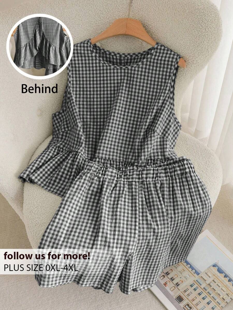 CosyJoli Bộ 2 món kẻ caro cỡ lớn dành cho nữ, Áo sơ mi thiết kế lưng thời trang cỡ lớn, Tay ngắn thường ngày, Bộ 2 món màu xanh lá cây cỡ lớn, Bộ 2 món thời trang thường ngày cho ngày lễ - Đen và trắng - Xem 1