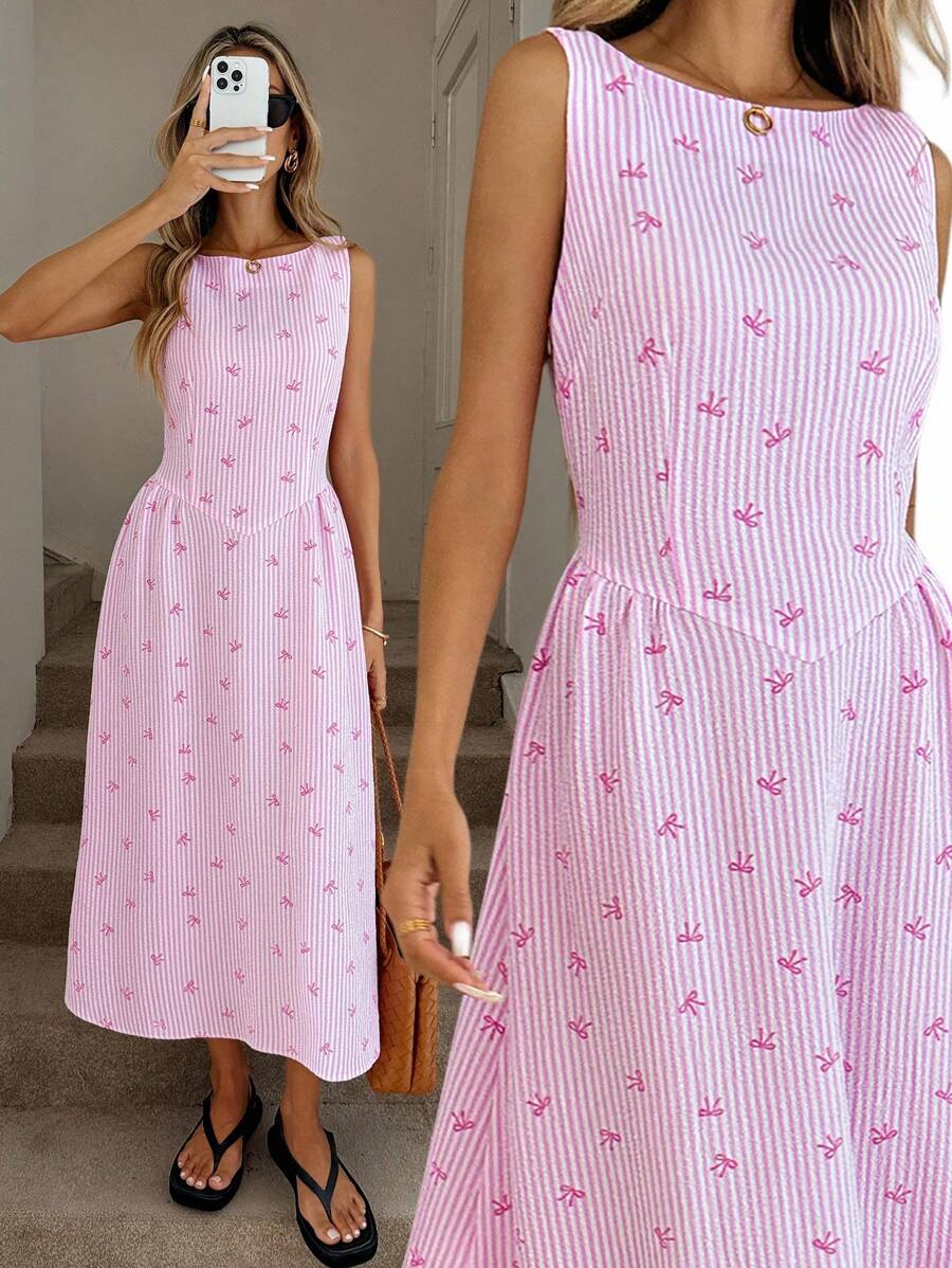 Easowa 圆领无袖荷叶边腰部喇叭蝴蝶结和条纹中长连衣裙，粉色，适合休闲夏季度假优雅户外穿着，蓝白条纹女士连衣裙，度假装，女士沙滩裙，女士连衣裙，优雅太阳裙，商务休闲 - 粉色 - 查看 1