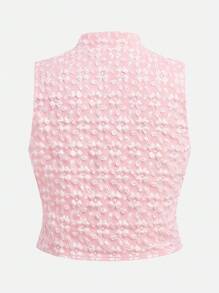 青少年女孩休闲提花针织中式领无袖上衣和褶皱短裤两件套西装 - 粉色 - 查看 9