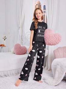 SHEIN Tween Girl Cute Sweet Short Sleeve And Long Pants Knit Flame Retardant Pajamas Set - Black - View 3