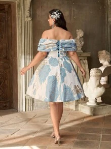 Aureia Plus Size Elegant Luxurious Blue & Gold Jacquard Off-Shoulder V-Neck Ruched A-Line Dress, Suitable For Party, Celebration, Formal Dinner, Gala - Blue - View 5