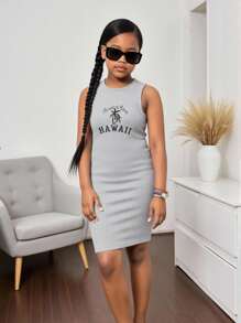 SHEIN 女童度假棕榈树印花针织背心裙，轻盈 - 灰色 - 查看 3