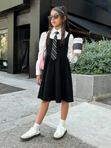 Firerie Kids Firerie Kids Tween Girl Casual Daily School Tie Collar White Fitted Blouse + A-Line Dress 2-Piece Set, Back To School, Blouse + Dress With Tie Fall Winter - Black and White - View 4