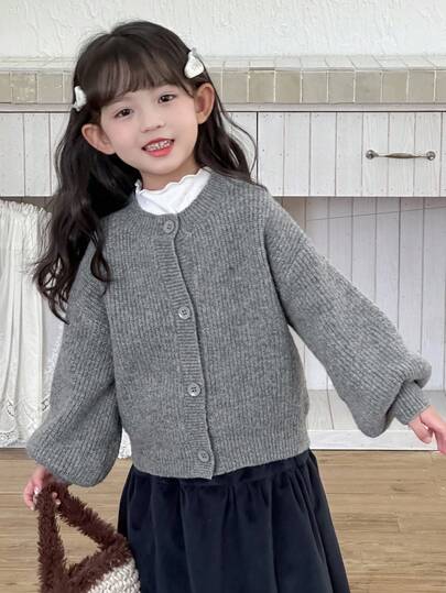 DAZY Young Girl Casual Daily Simple Solid Color Drop Shoulder Loose Lantern Sleeve Button Front Cardigan, Autumn/Winter