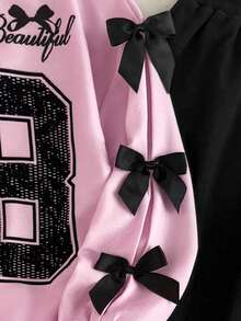 SHEIN 青少年女孩宽松休闲简约舒适圆领长袖拼色运动衫和慢跑裤套装 - 粉色 - 查看 7