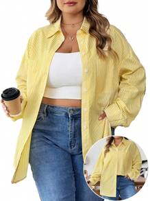 SHEIN CURVE+ Plus Size Women's Striped Printed Simple Daily Long Sleeved Shirt, Long Sleeved Top,Teacher Shirtsfall Clothes For Women,Winter,CURVE PLUS