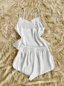 SHEIN Floral Embroidery Lace Patchwork Camisole & Shorts Women Pajama Set - White - View 2
