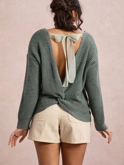 SHEIN VCAY 大码女式纯色露背扭结设计落肩长袖休闲套头毛衣外出针织衫女教师西部复古秋冬大码波西米亚风旧钱风女装