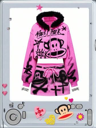 Paul Frank X ROMWE Women Monkey Print Cropped Hoodie & Ultra Low-Rise Mini Skirt 2 Pieces Set