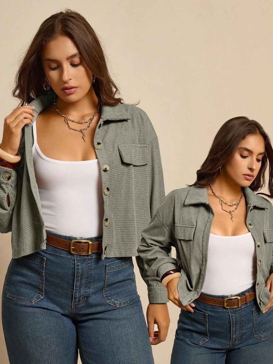 SHEIN LUNE Plus Size Fall Clothes Women Solid Color Minimalist Casual Long Sleeve Jacket Fall Jackets & Fall Women Clothes Winter Clothes Fall Back To School Kawaii Streetwear Women Vintage Clothes Grunge Basic Techno Stylish Plus Size Women's Khaki Casual Jacket Featuring A Classic Lapel Neckline And Extra, Long Sleeves With Gathered Cuffs. This Short Woven Outerwear Includes A Functional Drawstring Waist For A Flattering Fit Basic Back To School Autumn Going Out Tracksuit Crop Tops