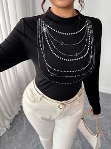 Elenzga Halloween Plus Size Women's Autumn/Winter New Stylish Versatile 3D Pearl Embellished Mock Neck Knit Sweater Top Fall Cloth For Women - Black - View 6