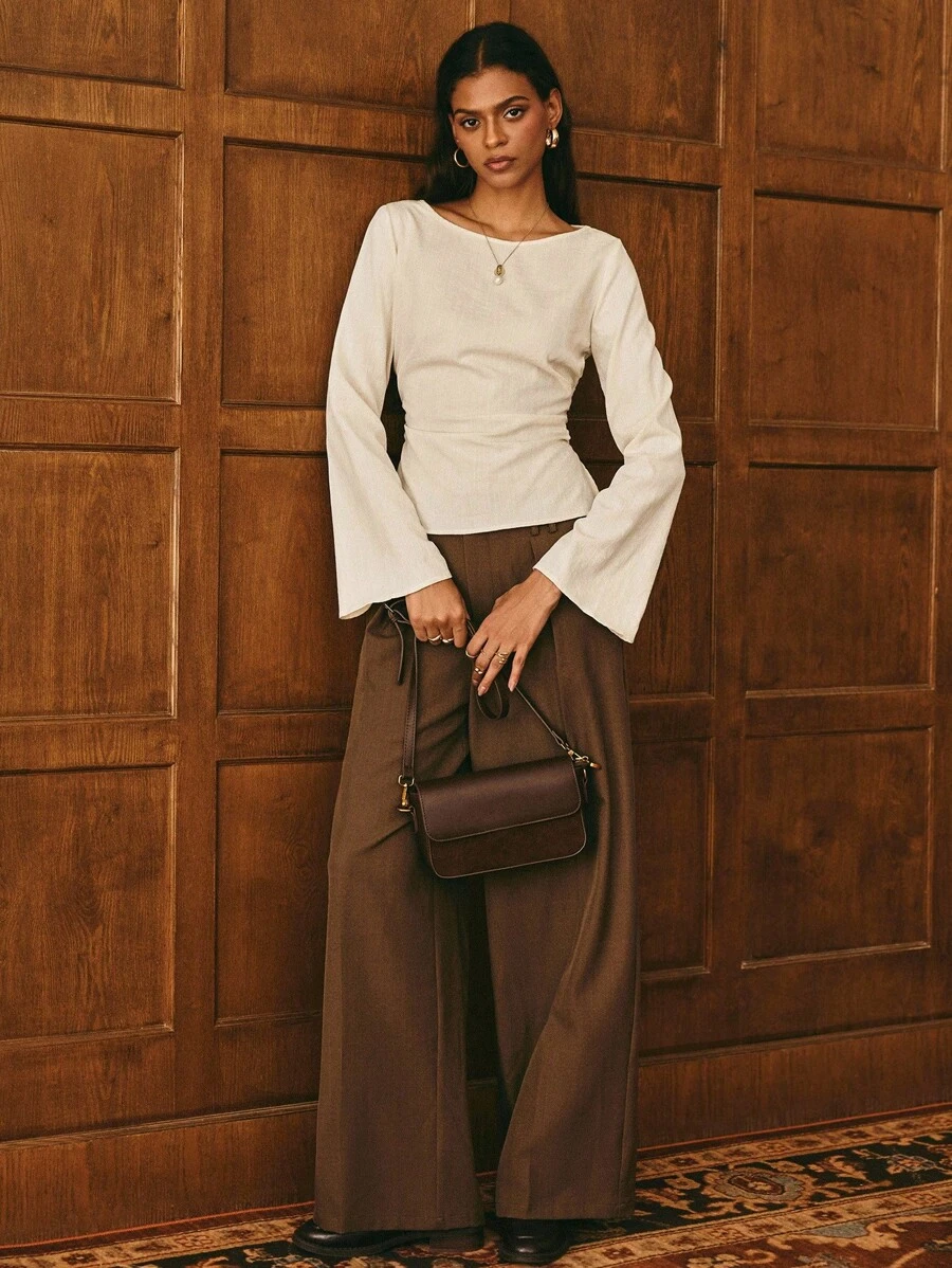 Poéselle Blusa casual/de oficina con mangas acampanadas y cintura fruncida para mujer - Albaricoque - Ver 1