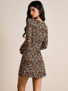 Poéselle 女式碎花前系带长袖时尚迷你连衣裙 - 彩色 - 查看 3