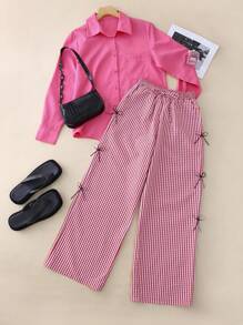 INAWLY 2pcs Women Casual Pink Long Sleeve Shirt And Pants With Bowknot Set Fall Cloth For Women - Pink - View 1