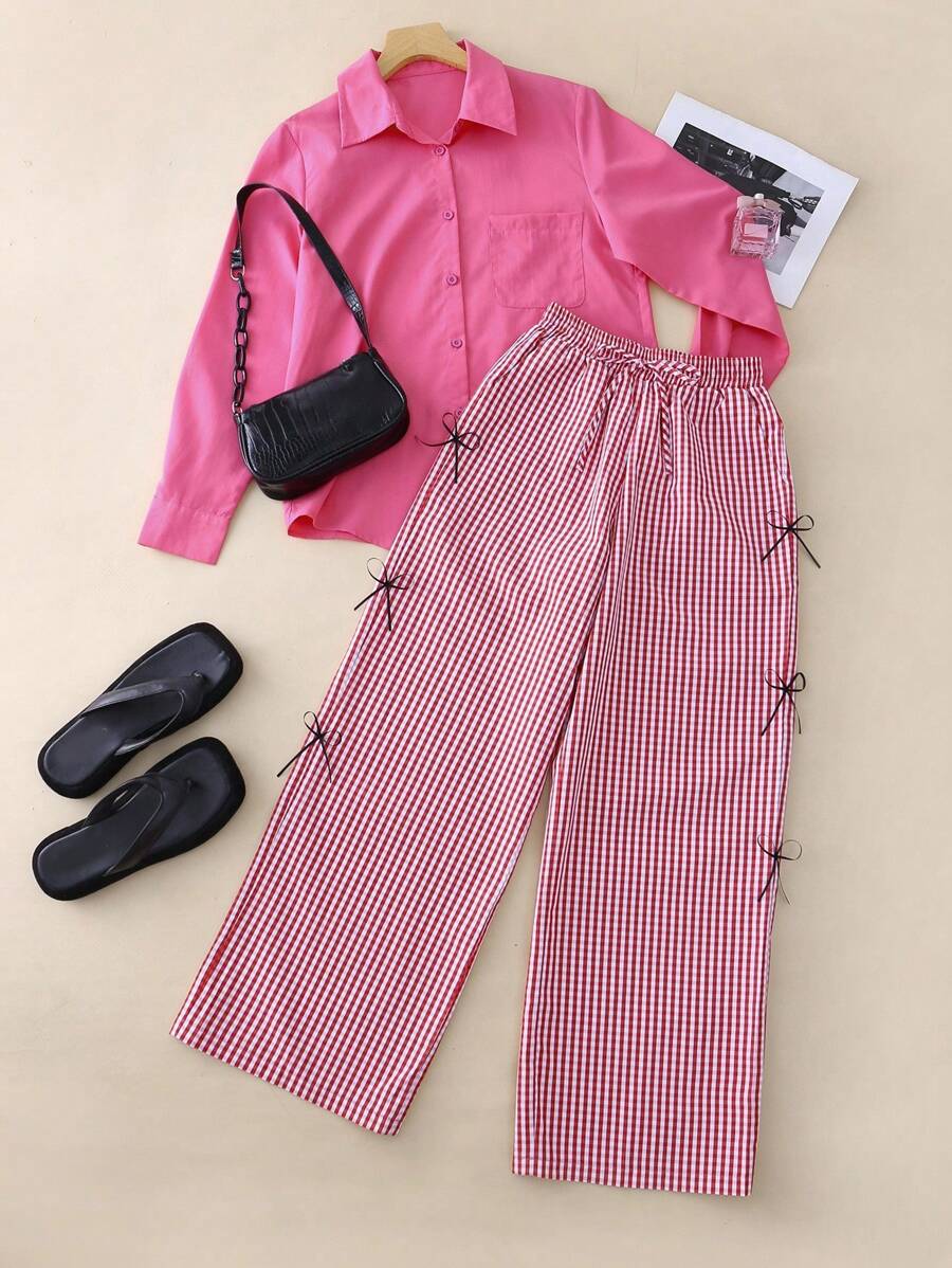 INAWLY 2pcs Women Casual Pink Long Sleeve Shirt And Pants With Bowknot Set Fall Cloth For Women - Pink - View 1