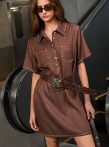 Aveloria Affinna Halloween Women's Summer/Autumn New Collared Button Pocket Loose Contrast Color Straight Denim Slimming & Youthful Short Sleeve Mini Dress