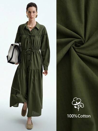 Aalyst Women's Casual Long Sleeve Dress With Shoulder & Waist Ruched Design, Layered Silhouette, Solid Color, Minimalist Style Suitable For Commuting, A-Line Maxi Length, Autumn