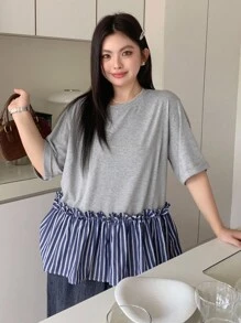 Dazy Plus Contrast Color Block Striped Round Neck Loose Short Sleeve Casual T-Shirt For Girls, Early Autumn - Grey - View 3