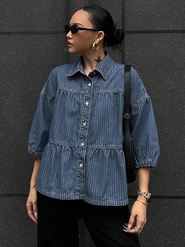 Strévra Blouse en denim ample décontractée avec col à revers et manches bouffantes pour femmes