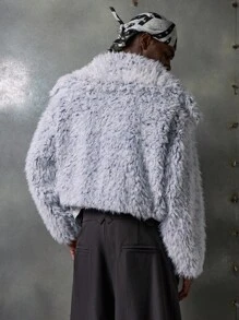 NEON BLANC Men's Fluffy Turtleneck Loose Faux Fur Jacket, For Fall Winter - Light Grey - View 3