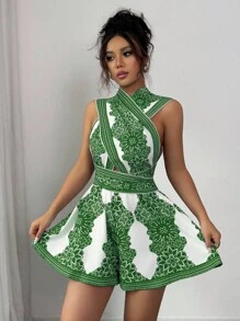 Elenzga 女式全身印花露背交叉连体衣