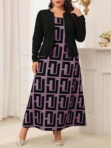 Modelyn Plus Size Spring & Fall Casual Solid Color Long Sleeve Top With Allover Print Dress Set 2 Pieces Set - Purple - View 1