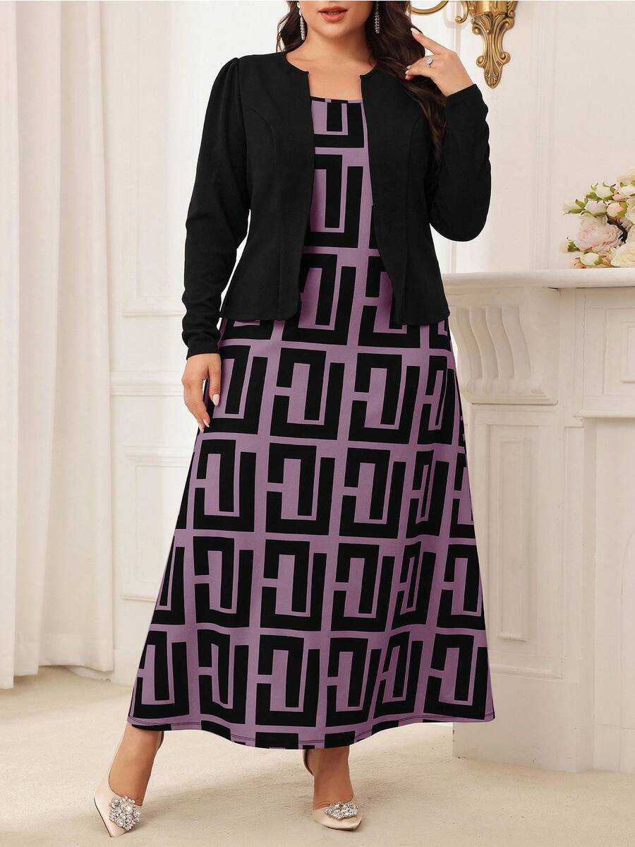 Modelyn Plus Size Spring & Fall Casual Solid Color Long Sleeve Top With Allover Print Dress Set 2 Pieces Set - Purple - View 1