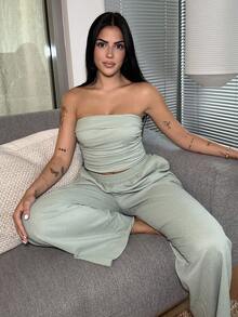 Lucia Bellido Women 2pcs/Set Summer Casual Solid Color Ruched Bandeau Top And Long Pants ,Petite Women - Green - View 3