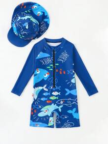 Young Boy Cartoon Print Half Zipper Long Sleeve Rash Guard & Swimming Cap Set, Random Print, Summer Beach Swimsuit